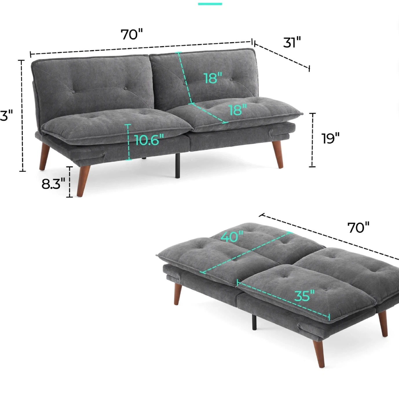 Linsy Home 70" Grey Chenille Convertible Futon Sofa Bed - photo 3