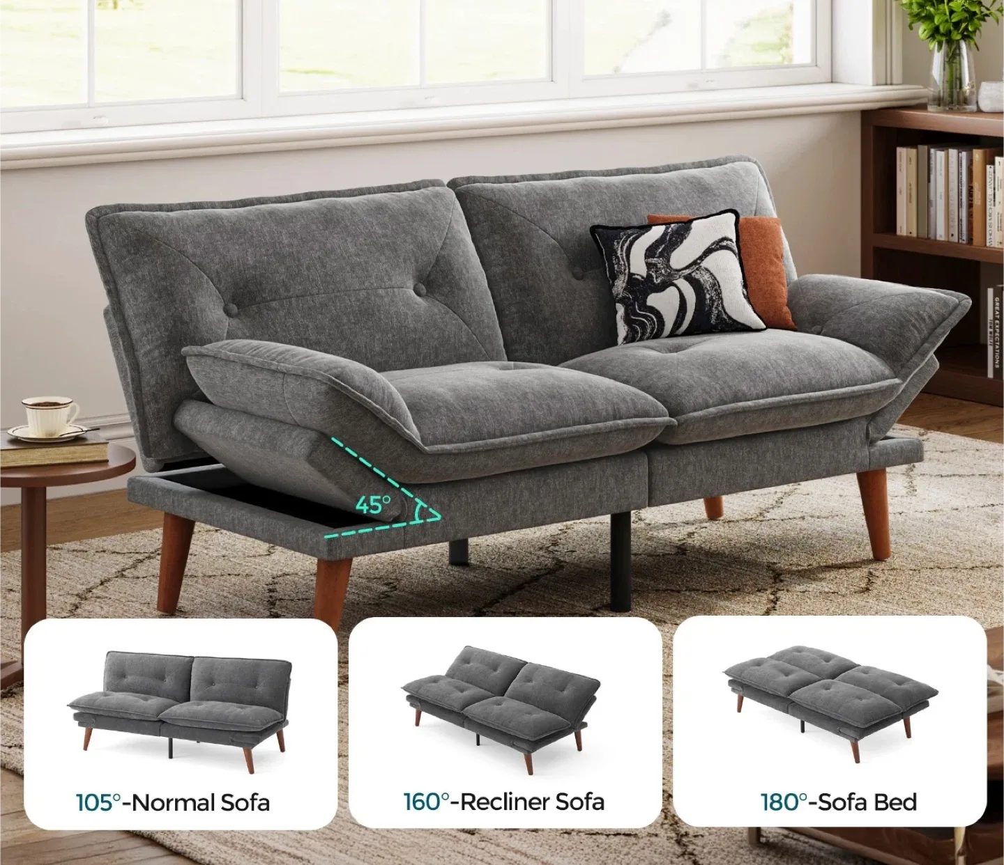 Linsy Home 70" Grey Chenille Convertible Futon Sofa Bed image indicator(5)