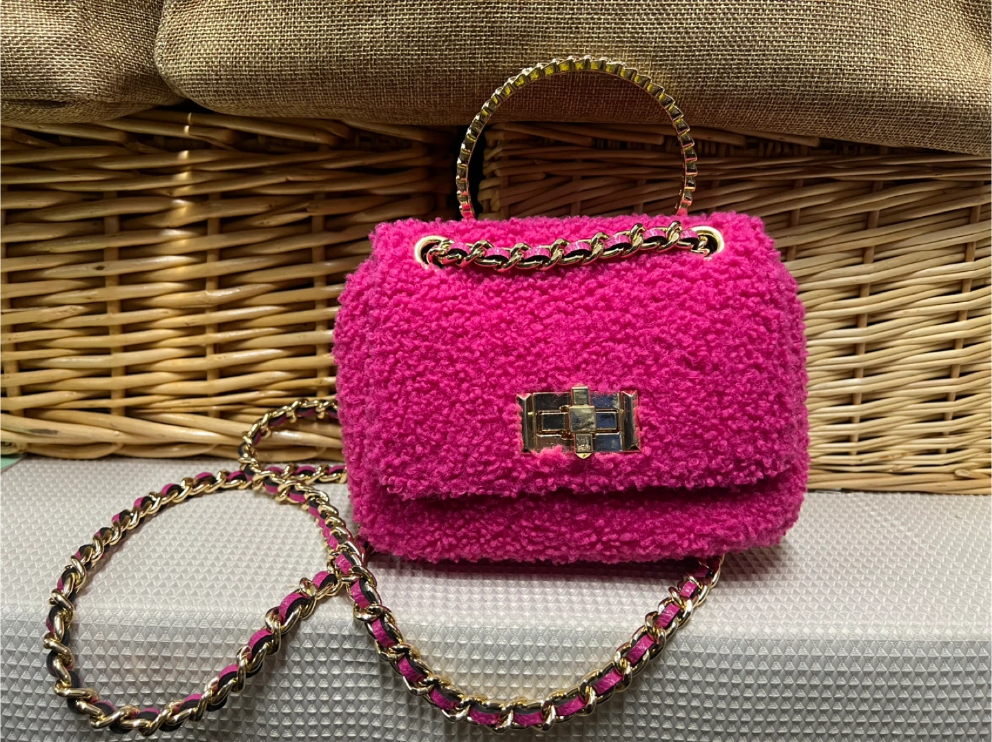 Pink Fuzzy Crossbody Bag with Gold Chain