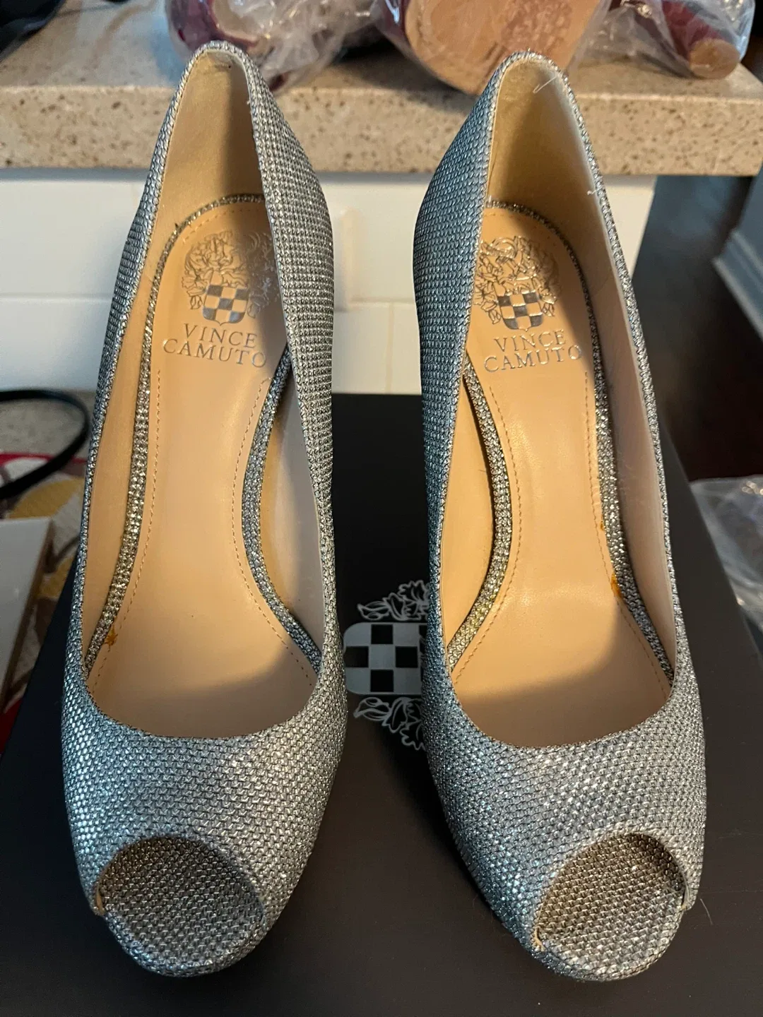 Vince Camuto Silver Glitter Peep-Toe Heels thumbnail