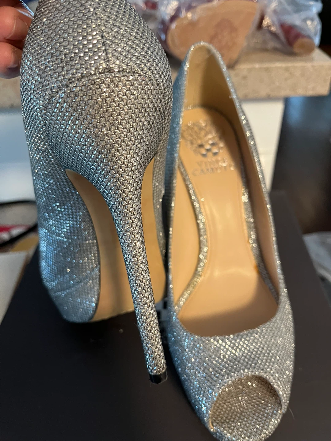 Vince Camuto Silver Glitter Peep-Toe Heels - photo 2