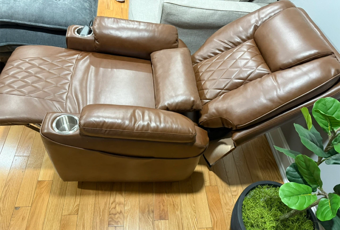 Brown Leather Power Recliner Chair with Cup Holders - photo 5