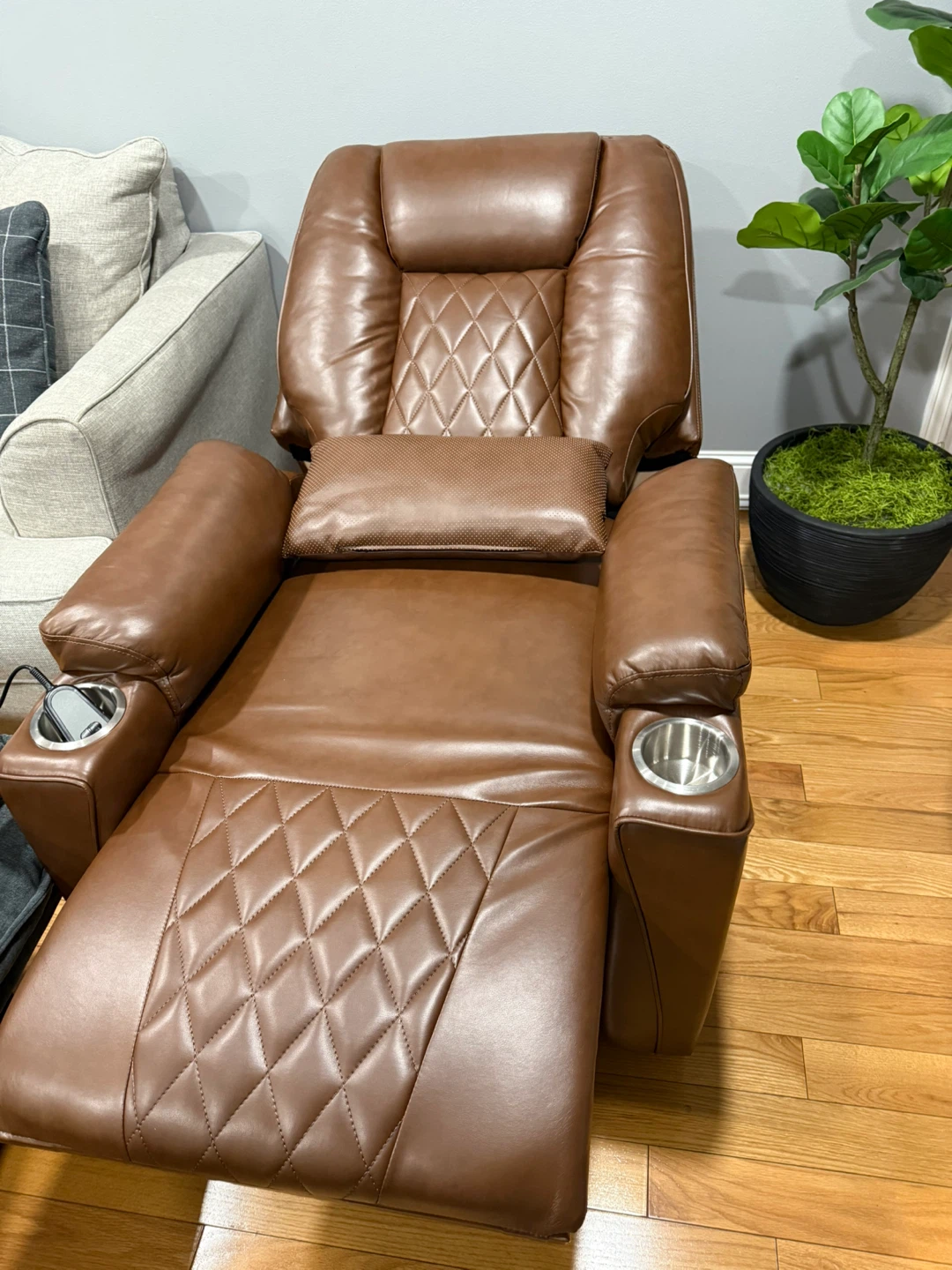Brown Leather Power Recliner Chair with Cup Holders - photo 4