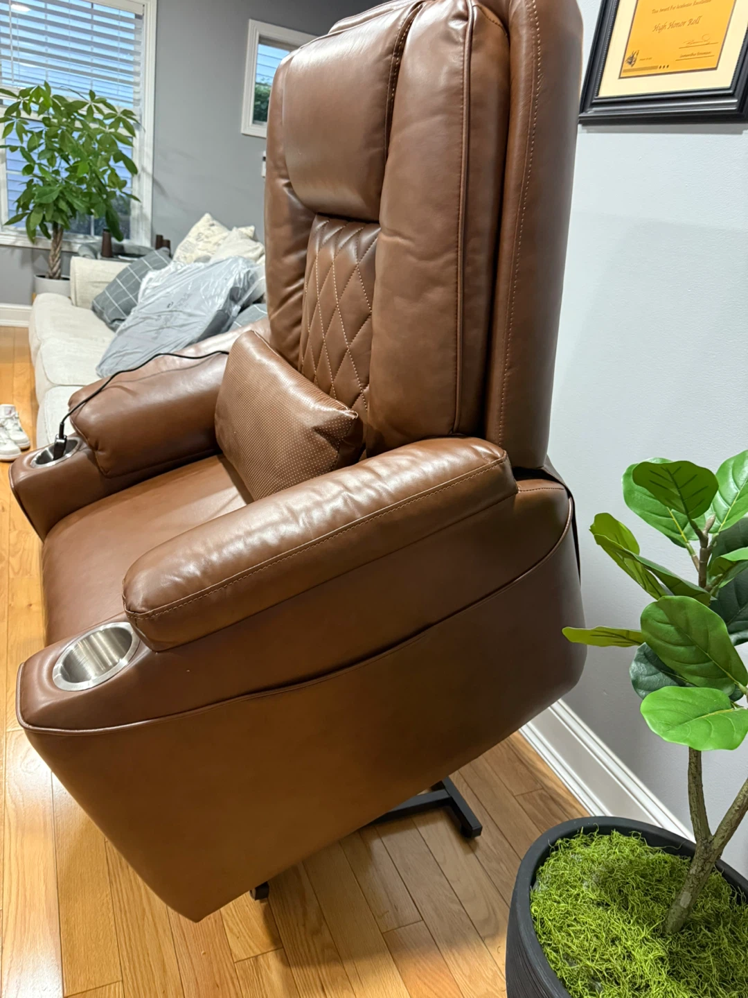 Brown Leather Power Recliner Chair with Cup Holders - photo 3