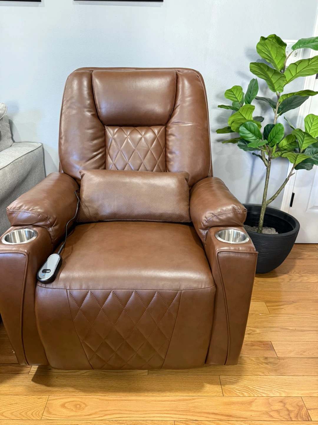 Brown Leather Power Recliner Chair with Cup Holders