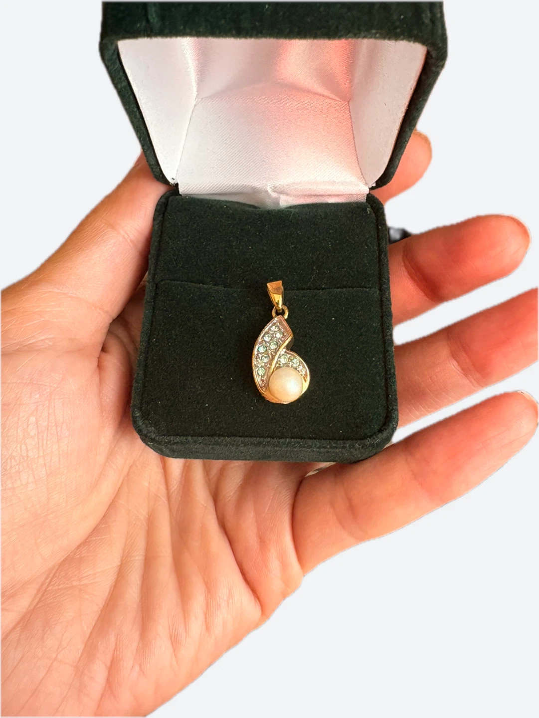 14K filled Pearl and Rhinestone Pendant in Box