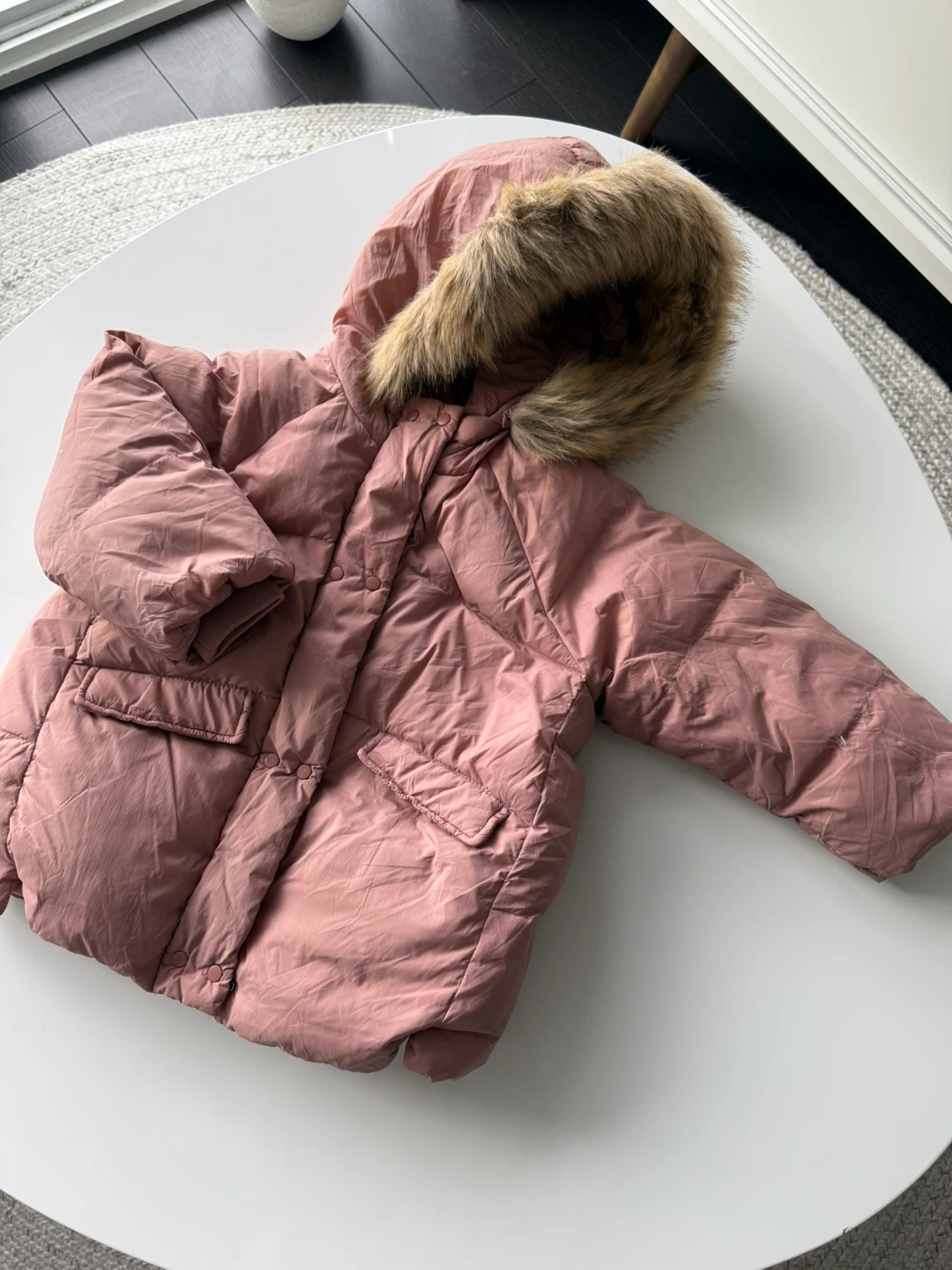 Pink Puffer Jacket with removable Fur trim