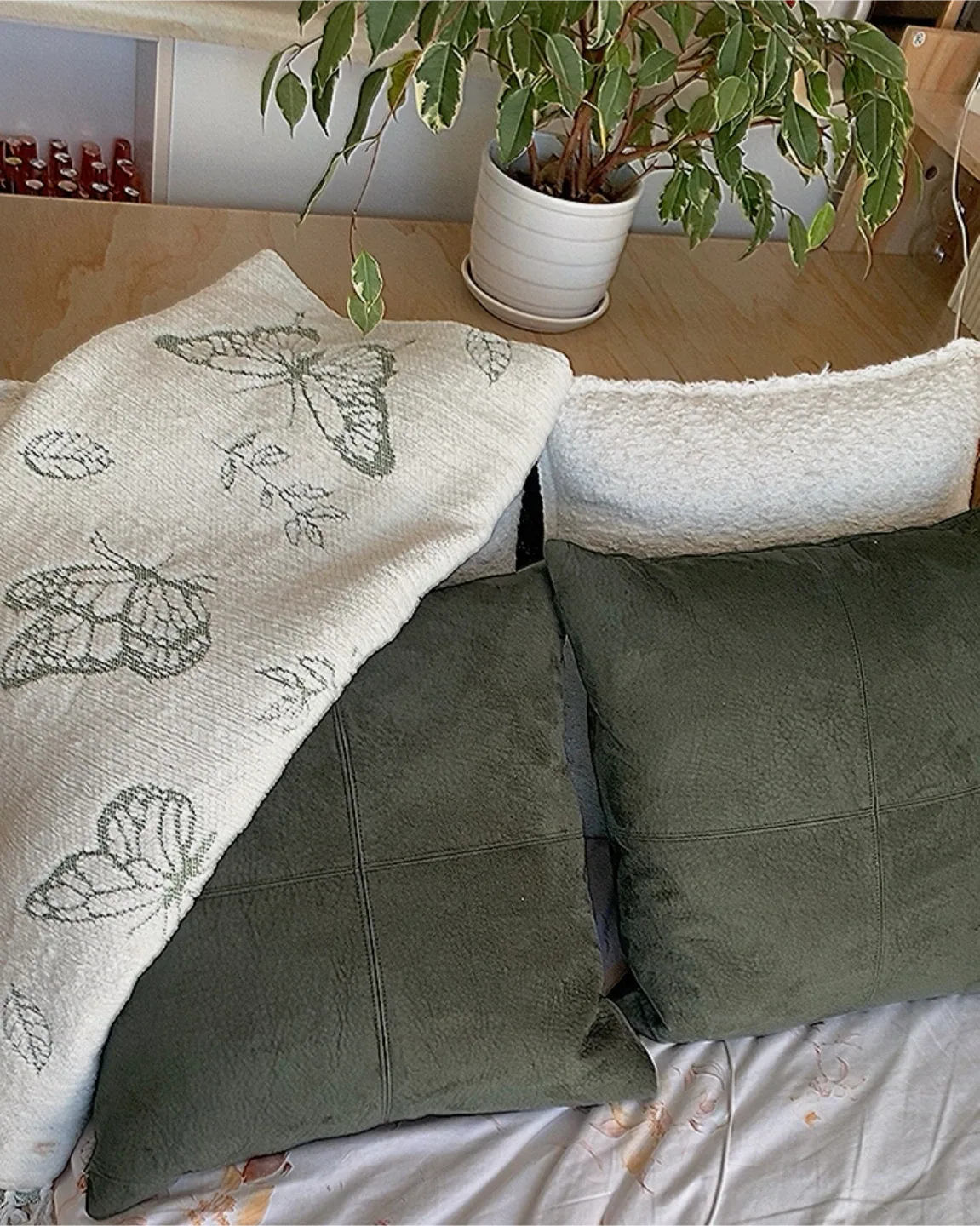 Assorted Throw Pillows - Green & White with blanket thumbnail