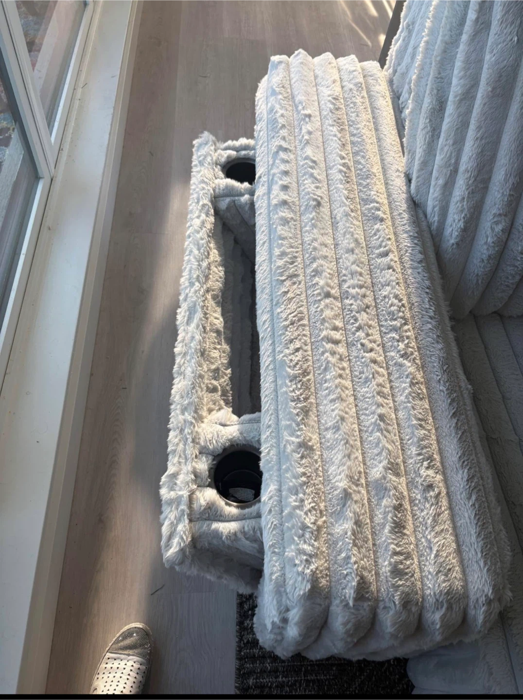White Corduroy Sofa with Cup Holders - photo 2