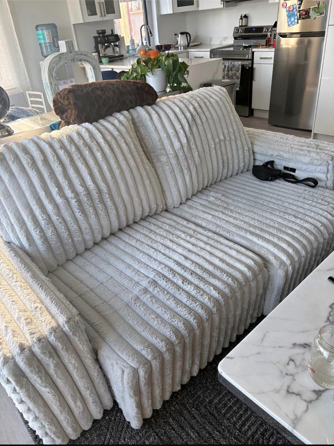 White Corduroy Sofa with Cup Holders