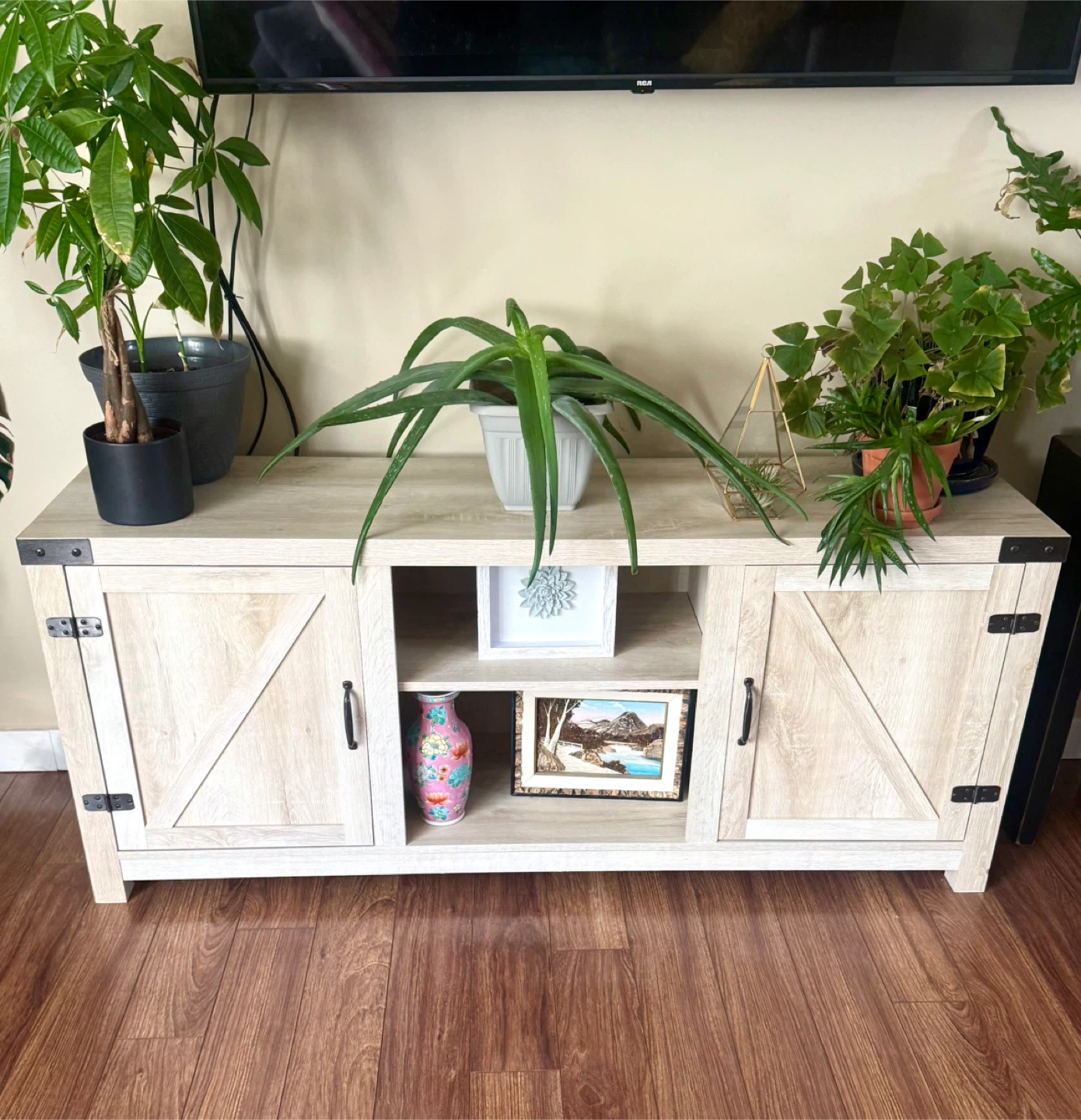 Light Wood TV Stand with Barn Door Style