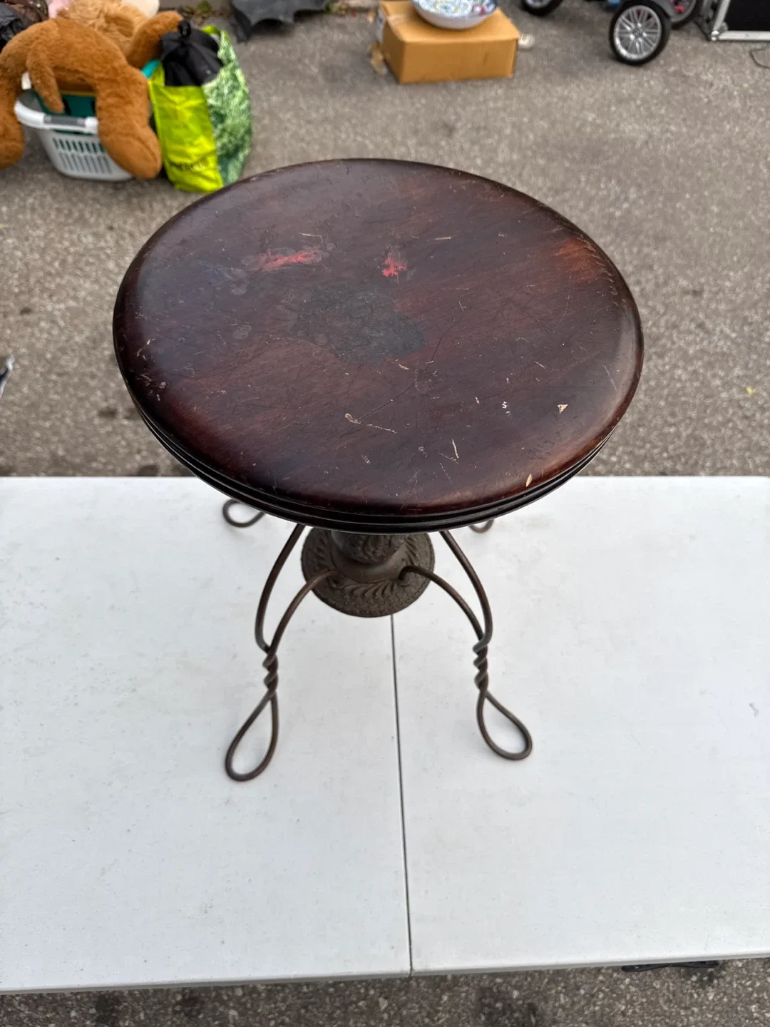 1900s Antique CHAS PARKEE CO. Wooden Stool Seat w/ Wire Legs USA image indicator(3)