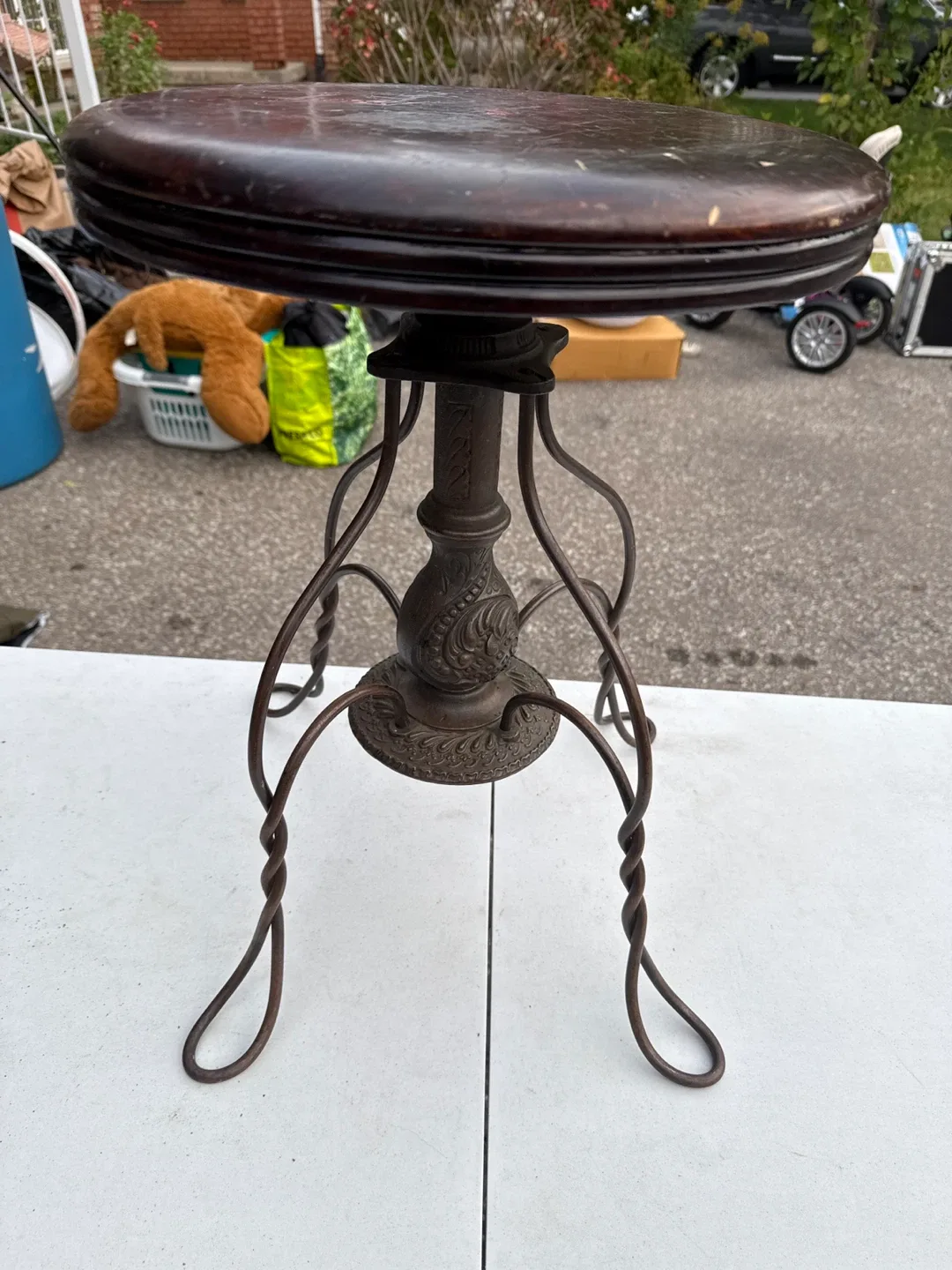 1900s Antique CHAS PARKEE CO. Wooden Stool Seat w/ Wire Legs USA image indicator(2)