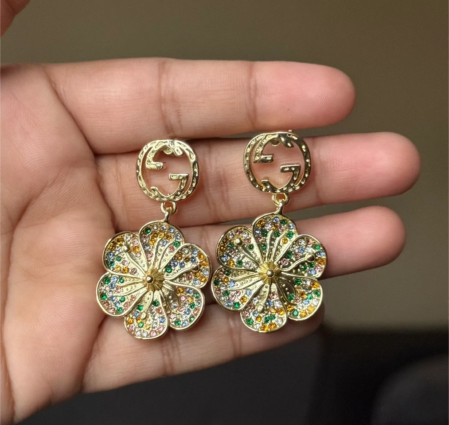 Elegant Gold Flower Earrings with multicolored rhinestones image indicator(2)