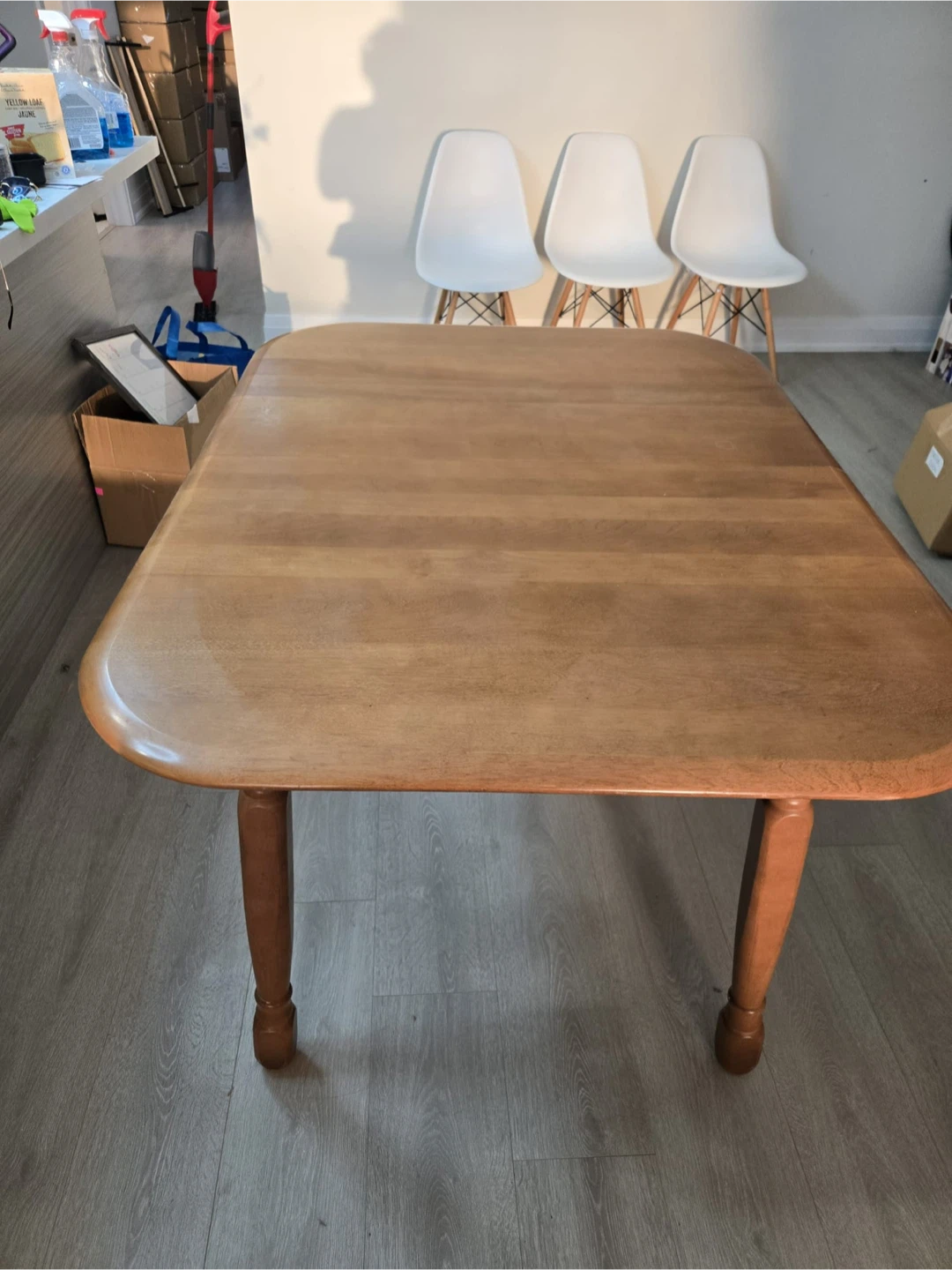 MCM Wooden Dining Table with 3 White Ikea Chairs - photo 2