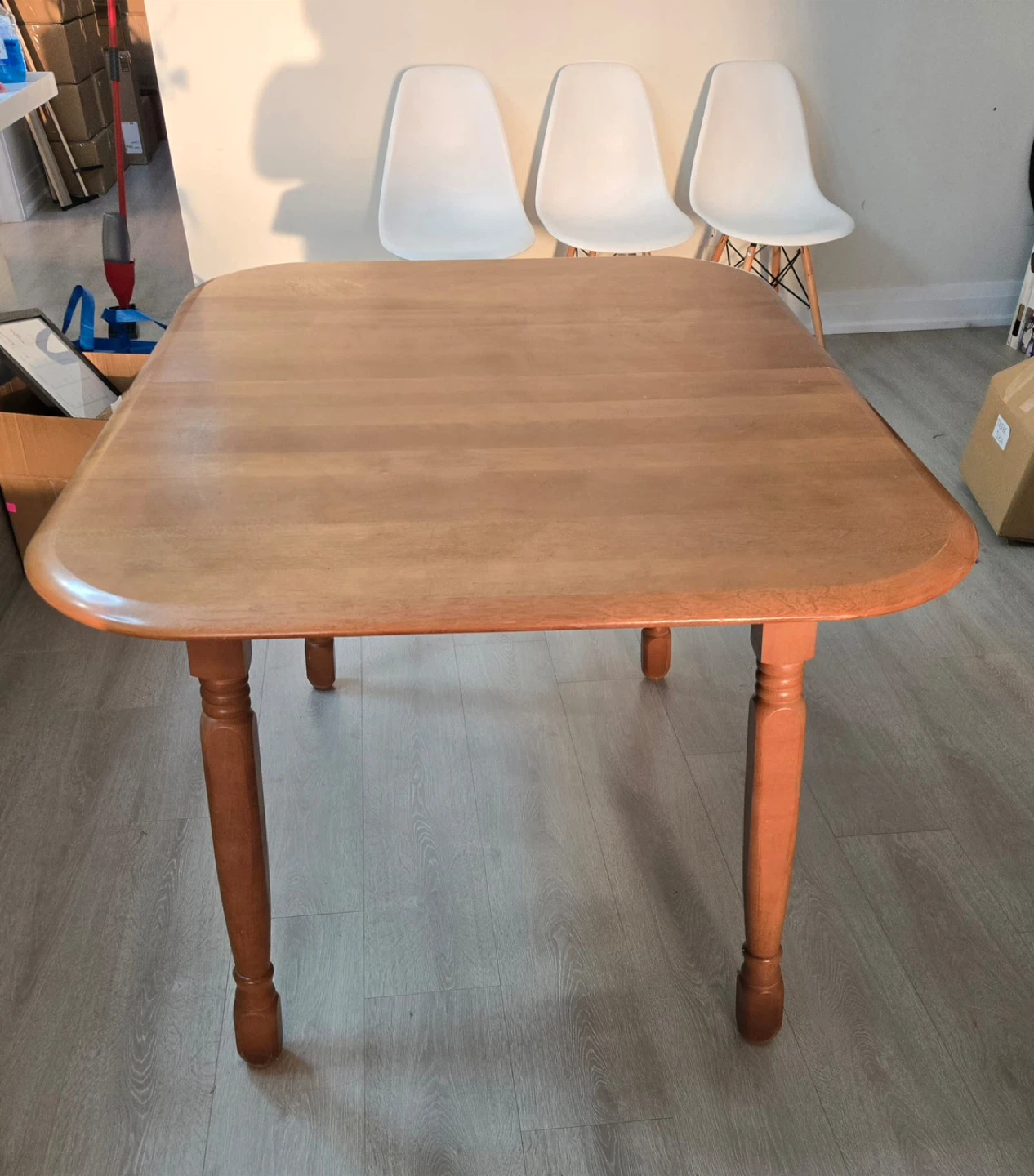 MCM Wooden Dining Table with 3 White Ikea Chairs
