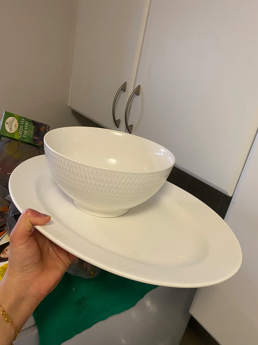 A Big White Serving Bowl and Platter Set