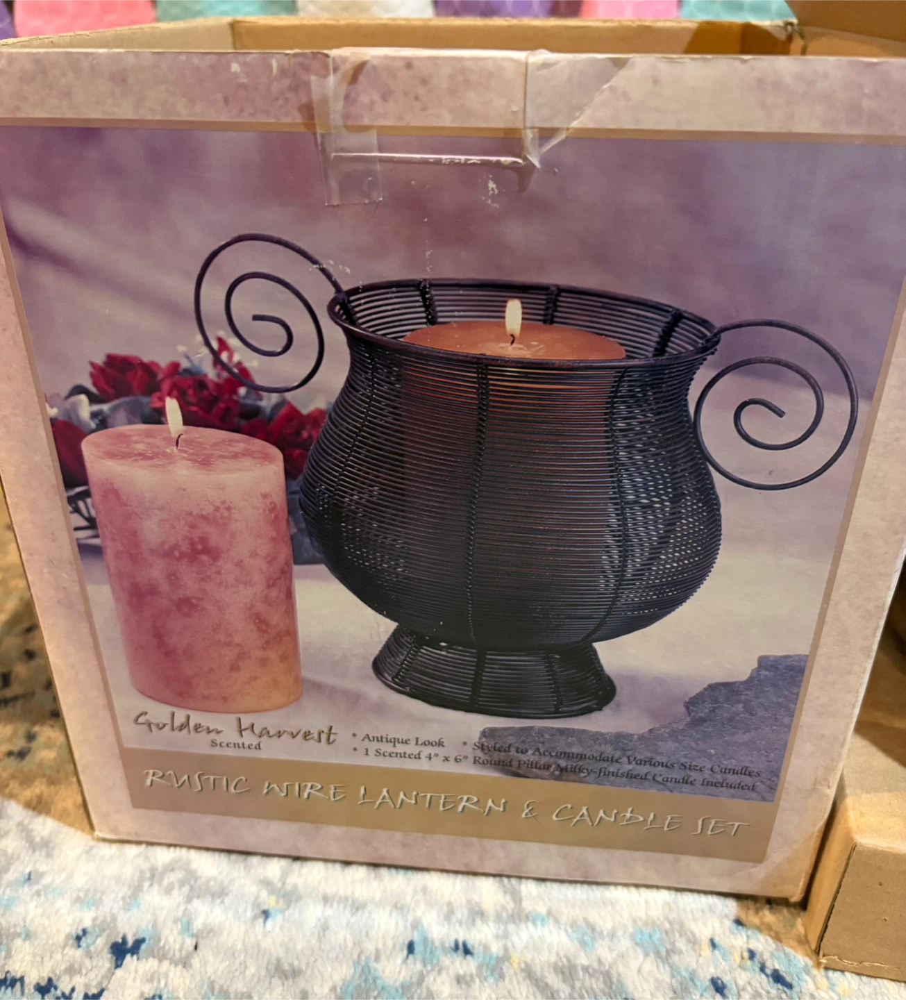 Large Rustic Wire Lantern & Candle Set. New in Box