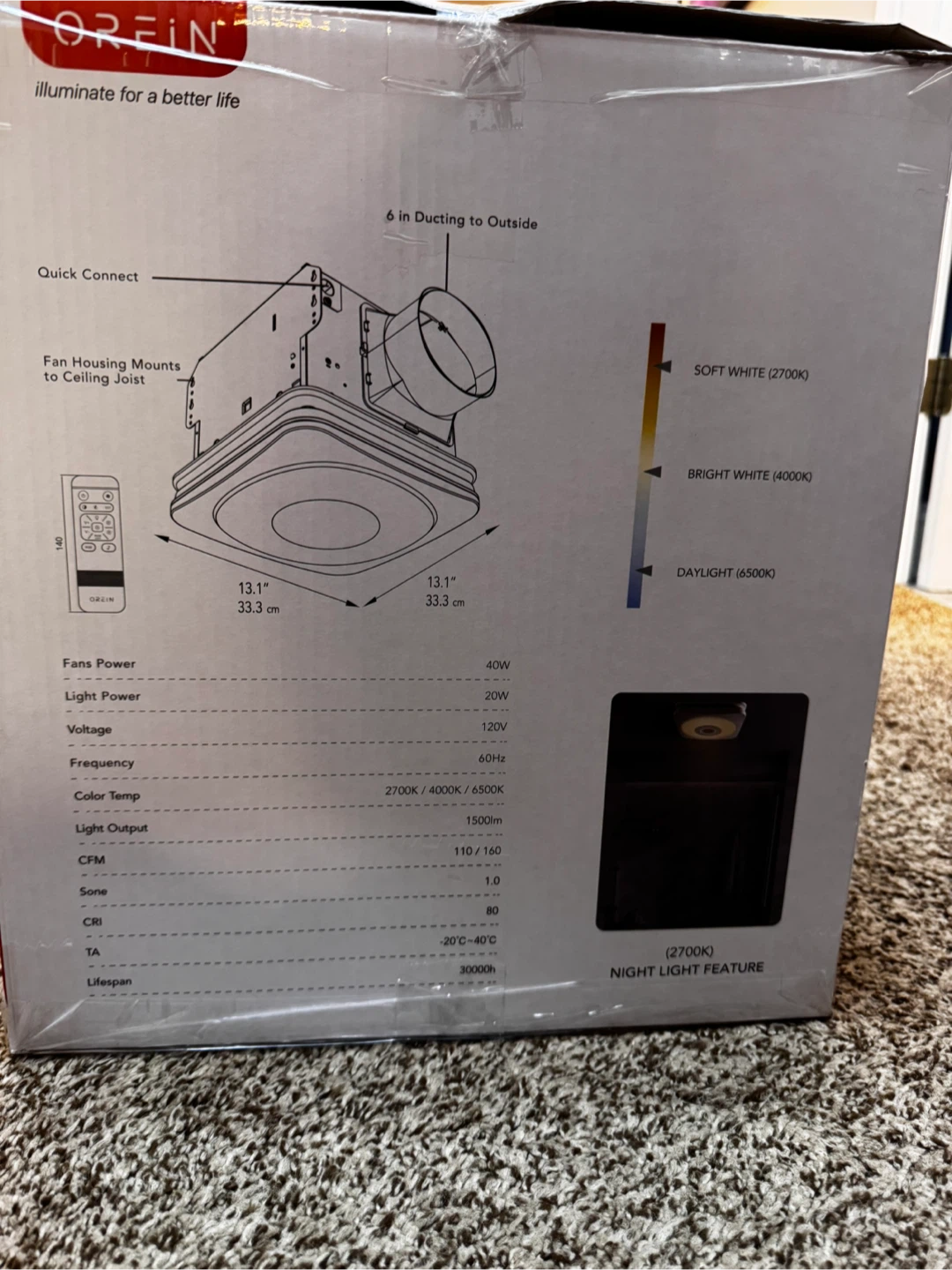 OREIN Bath Fan w/ Bluetooth Speaker, RGB 3CCT & Night Light - photo 3