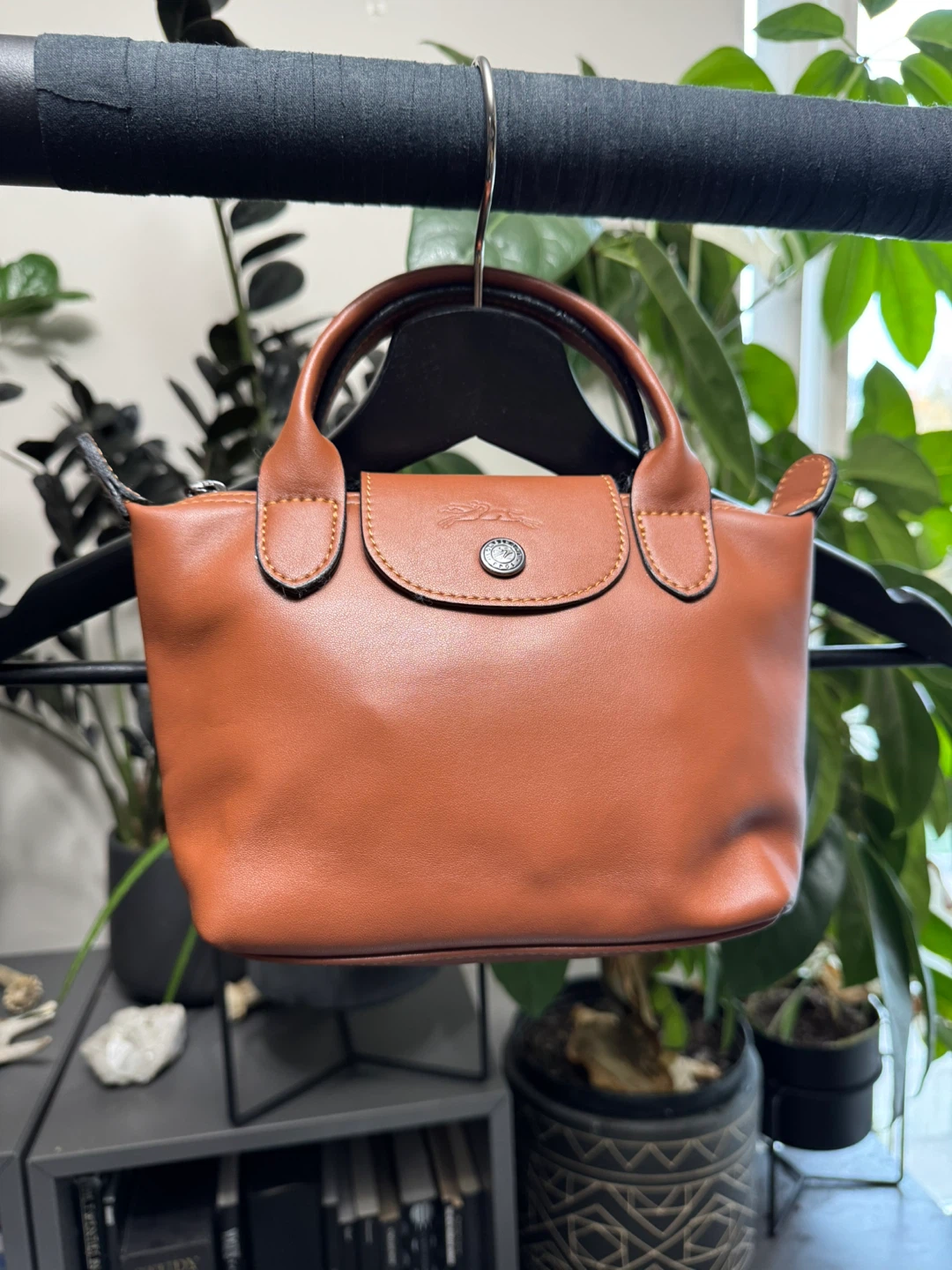 Longchamp Le Pliage Mini Leather Hand Bag - Deep Brown