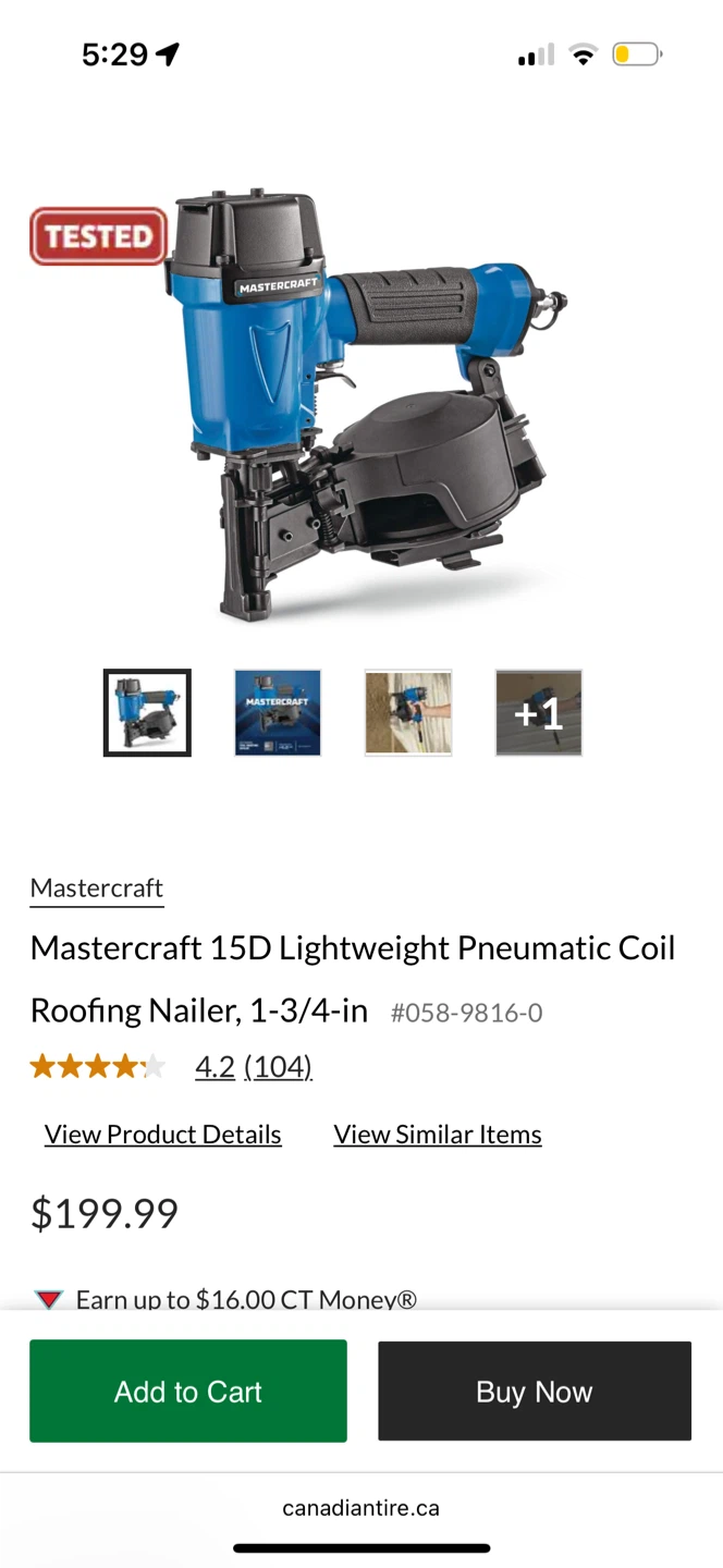 Mastercraft 15D Lightweight Pneumatic Coil Roofing Nailer