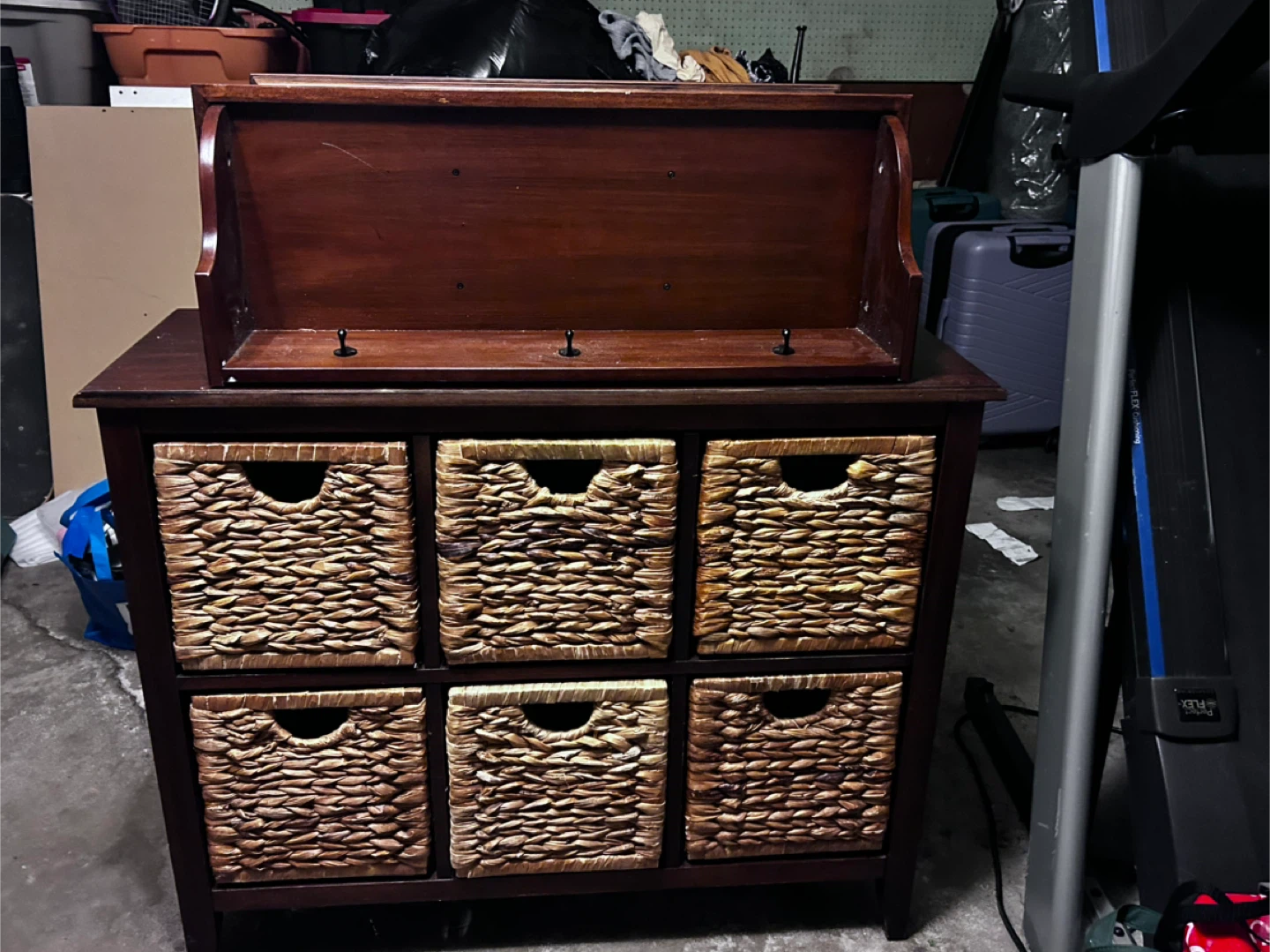 Dark Brown Wood Cabinet with Wicker Baskets