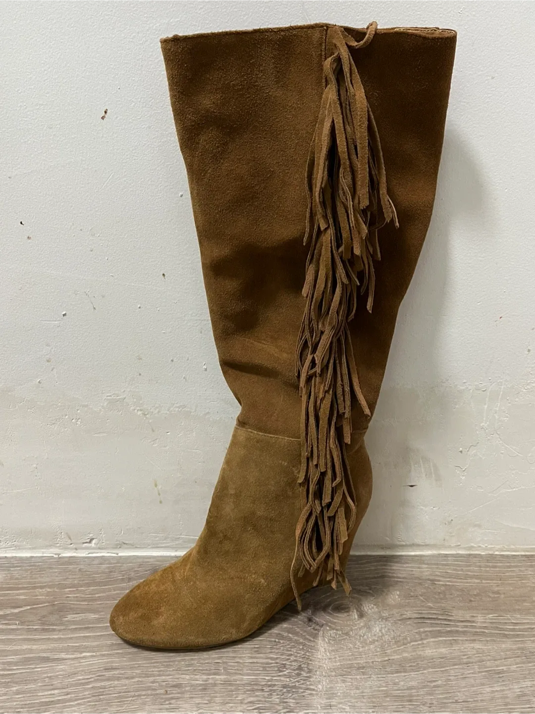 Brown Suede Fringe Wedge Knee High Boots