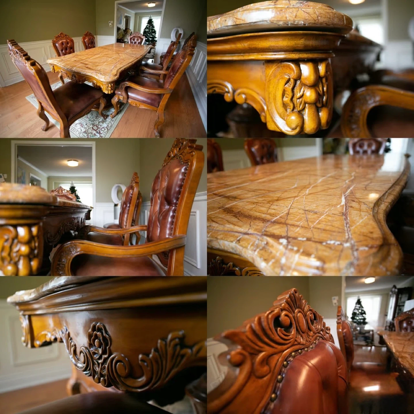 Ornate Marble Top Dining Table Set