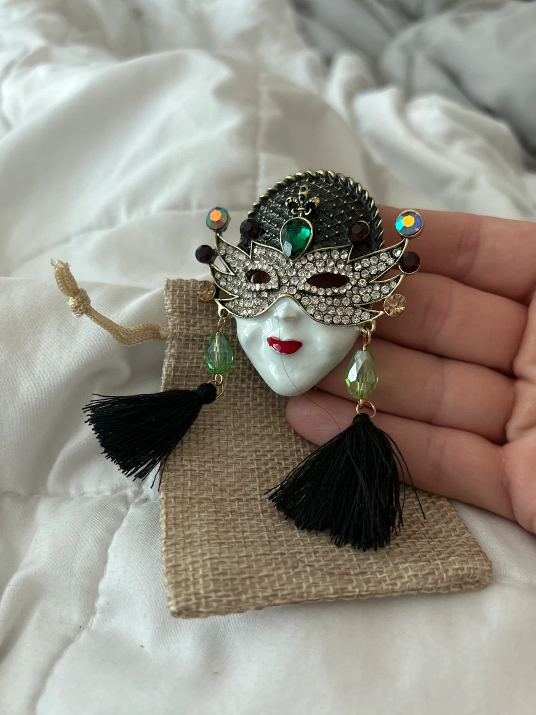 Masquerade Mask Brooch Pin with Tassels