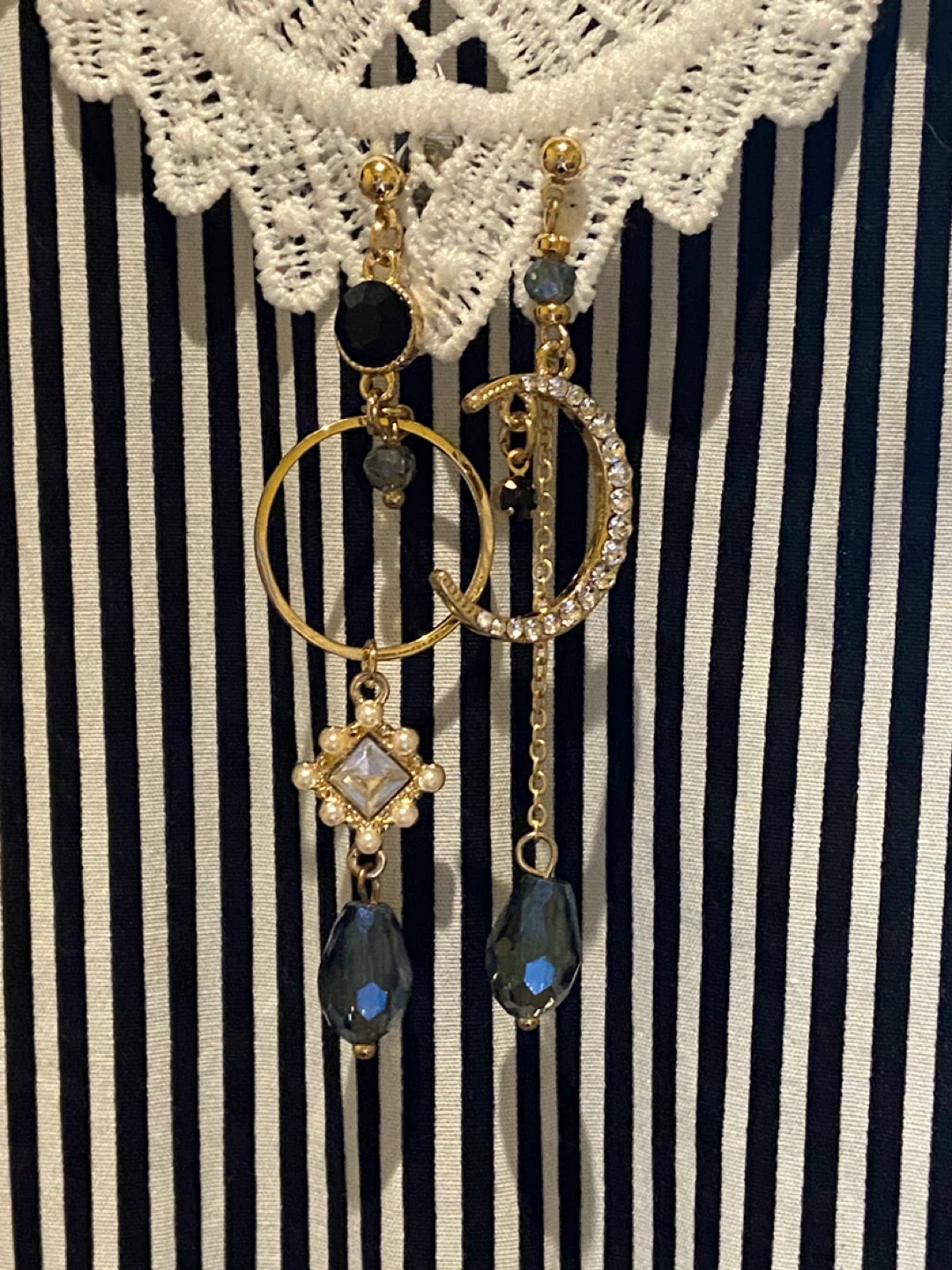 Asymmetrical Gold Moon Blue Black Earrings