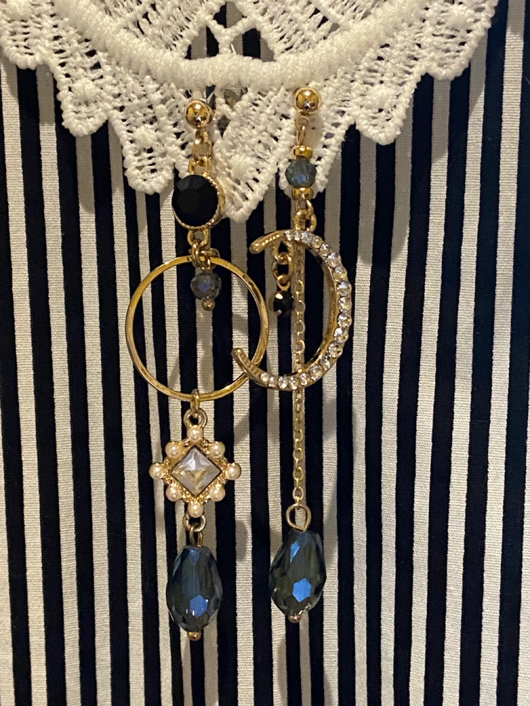 Asymmetrical Gold Moon Blue Black Earrings - photo 2