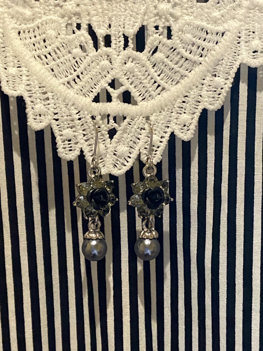 Black Silver Floral Pearl Drop Earrings