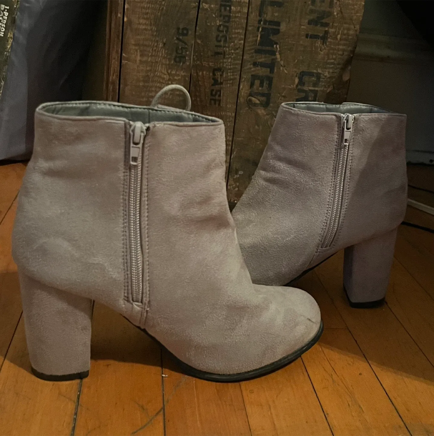 Faux suede grey heeled ankle boots image indicator(3)