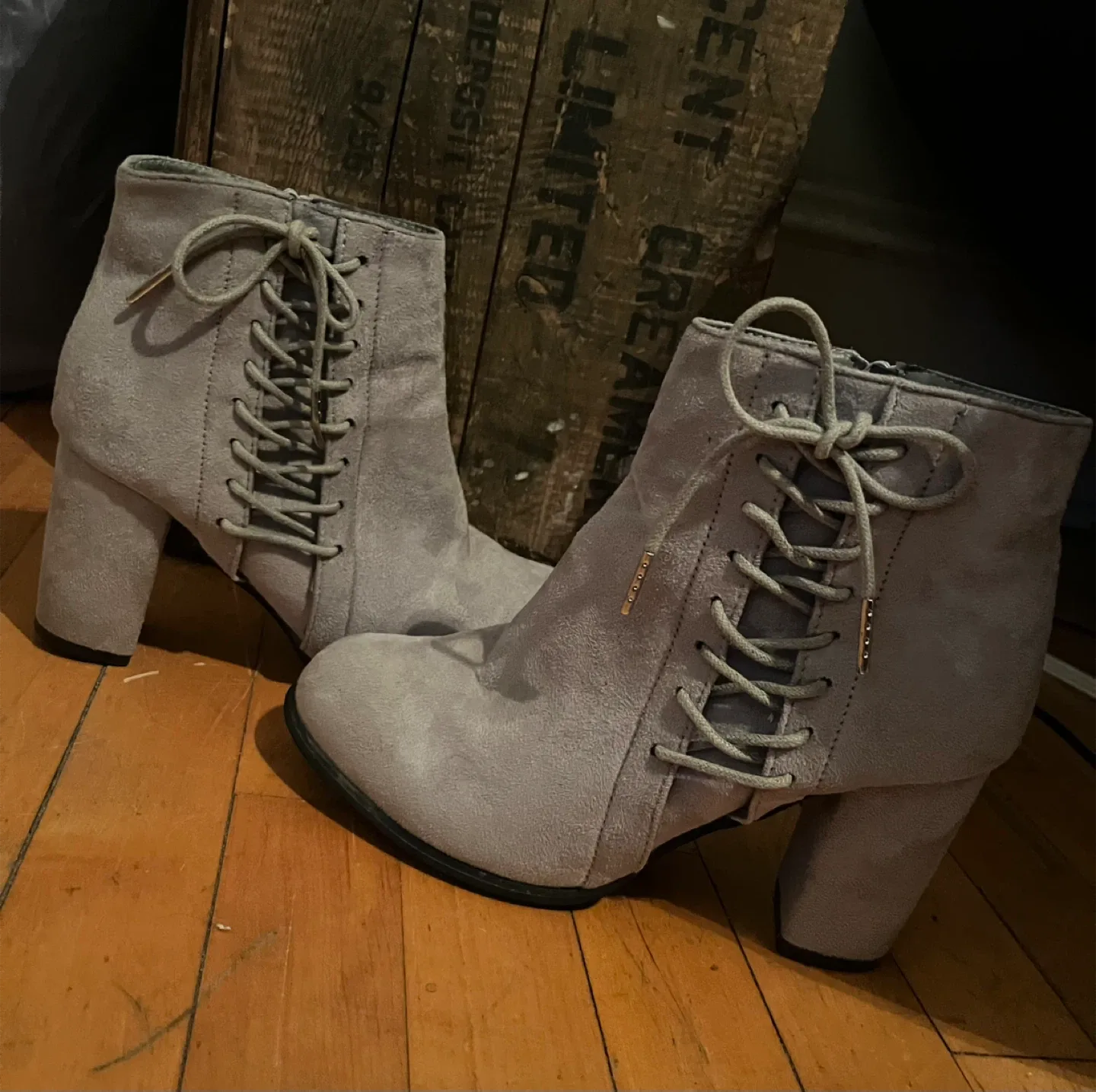 Faux suede grey heeled ankle boots image indicator(2)