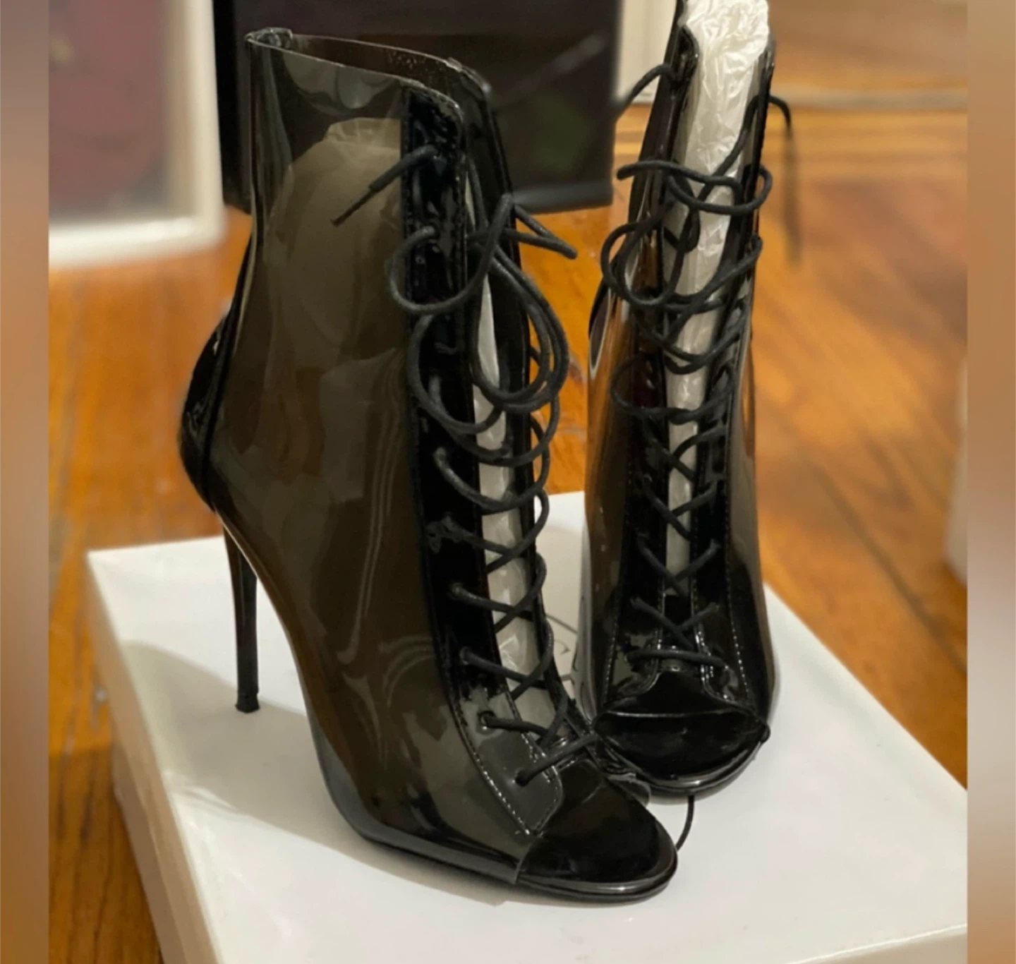 Black Lace-Up Stiletto Heel Booties