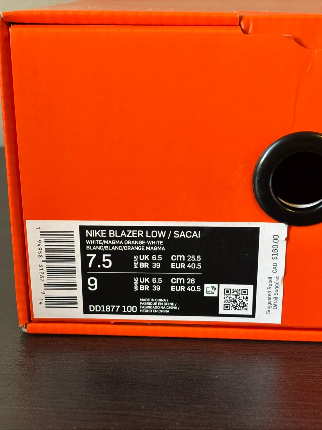 Sacai X Nike blazer low white magama orange mens US 7.5 image indicator(6)