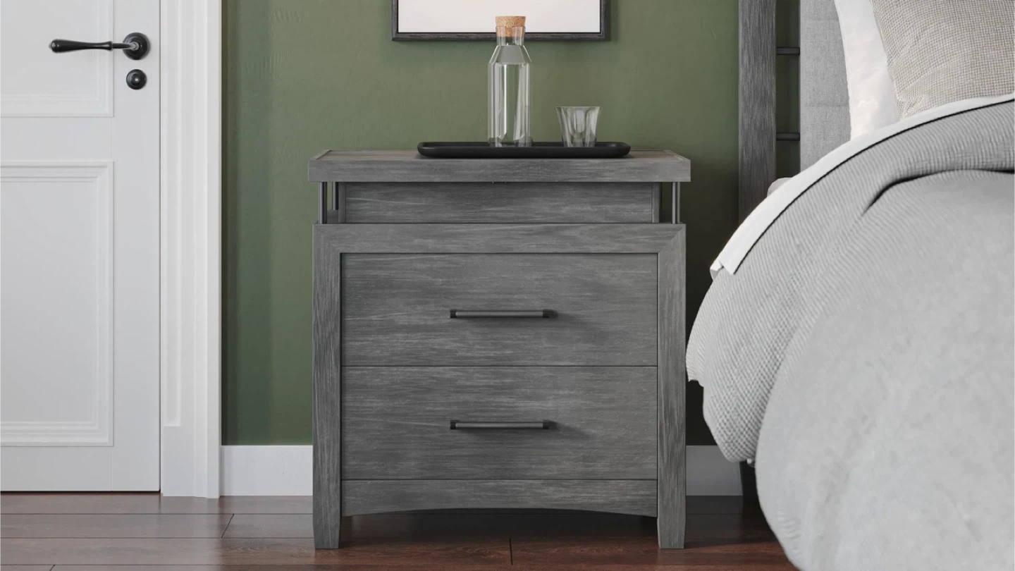 2x Gray Wood Nightstand with 3 Drawers and light