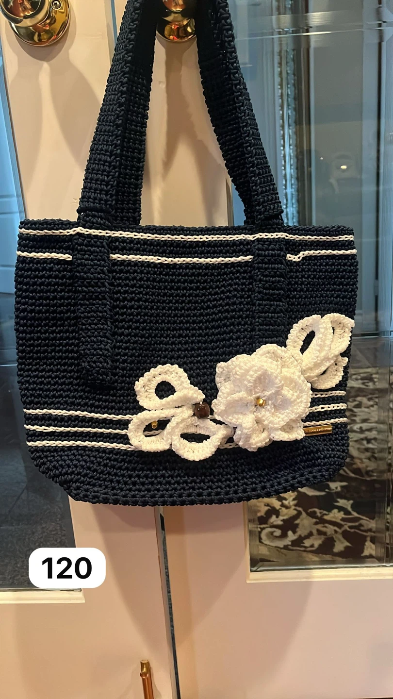 Handmade Crochet Navy Tote Bag