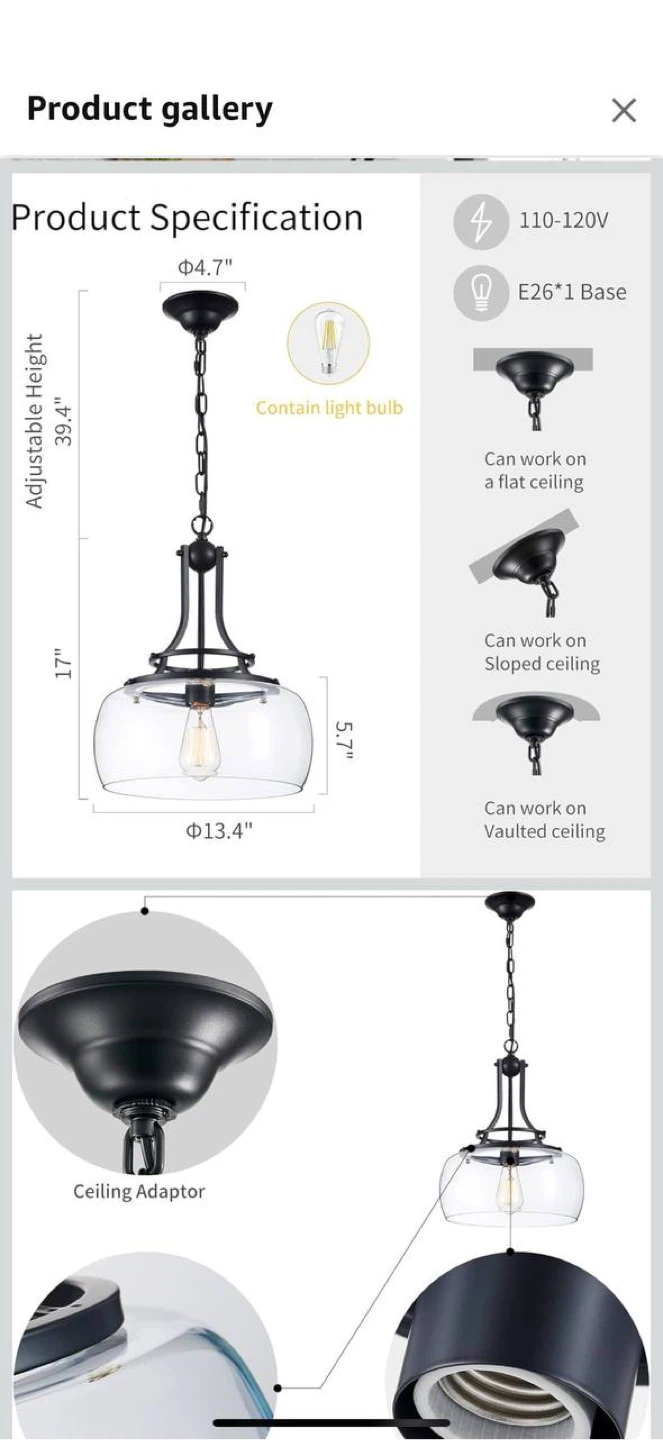 WUZUPS Rustic Farmhouse Pendant Light — Black (New) - photo 2