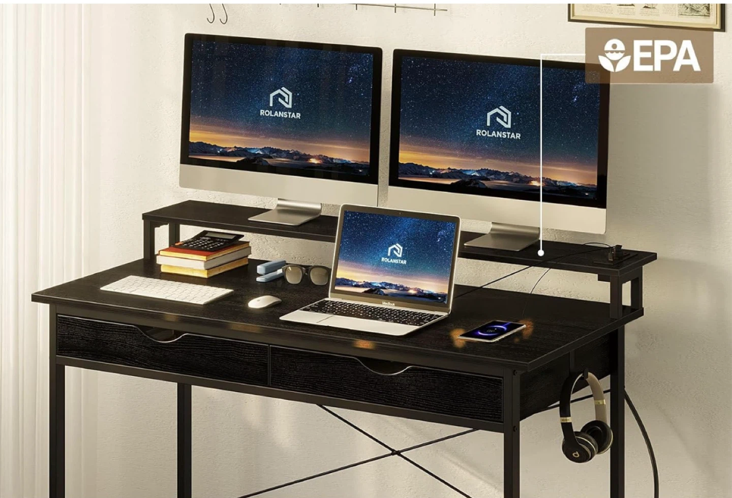 Computer Desk with Shelf & Drawers - Black