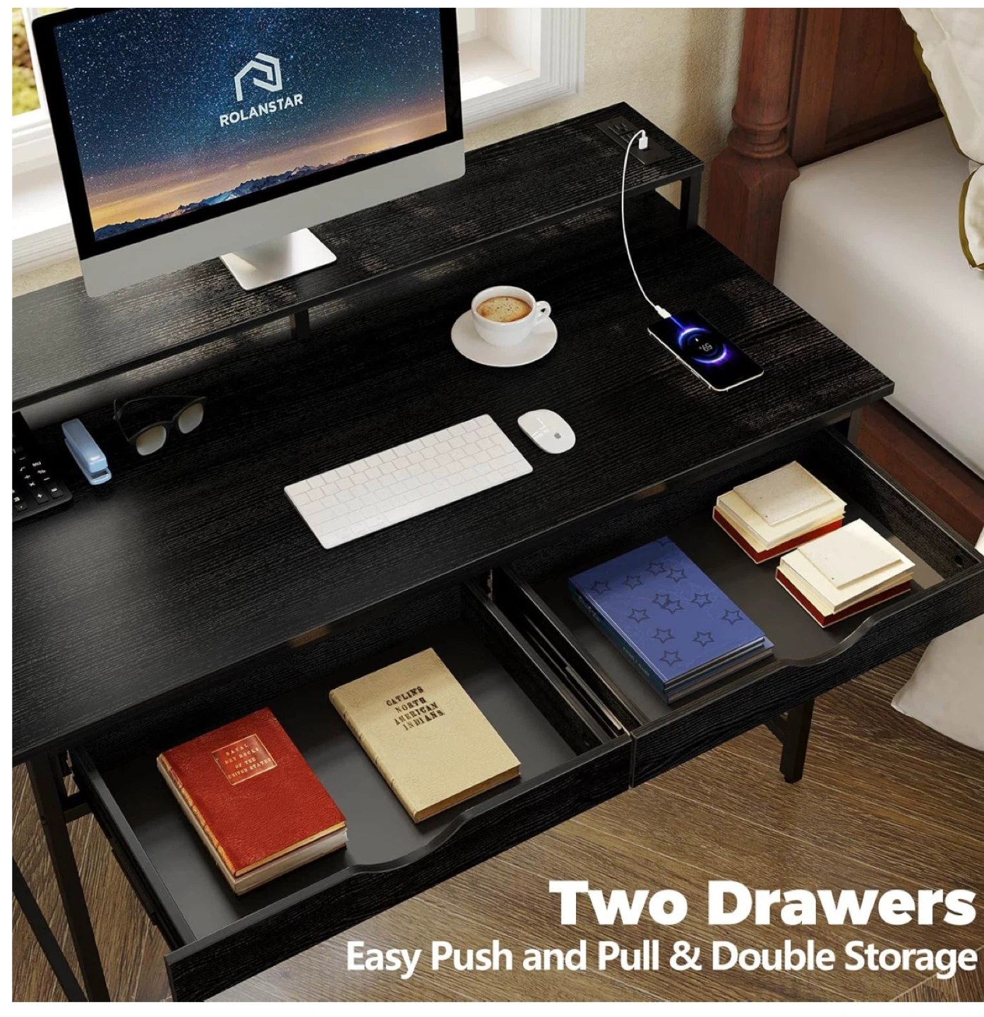 Computer Desk with Shelf & Drawers - Black - photo 2