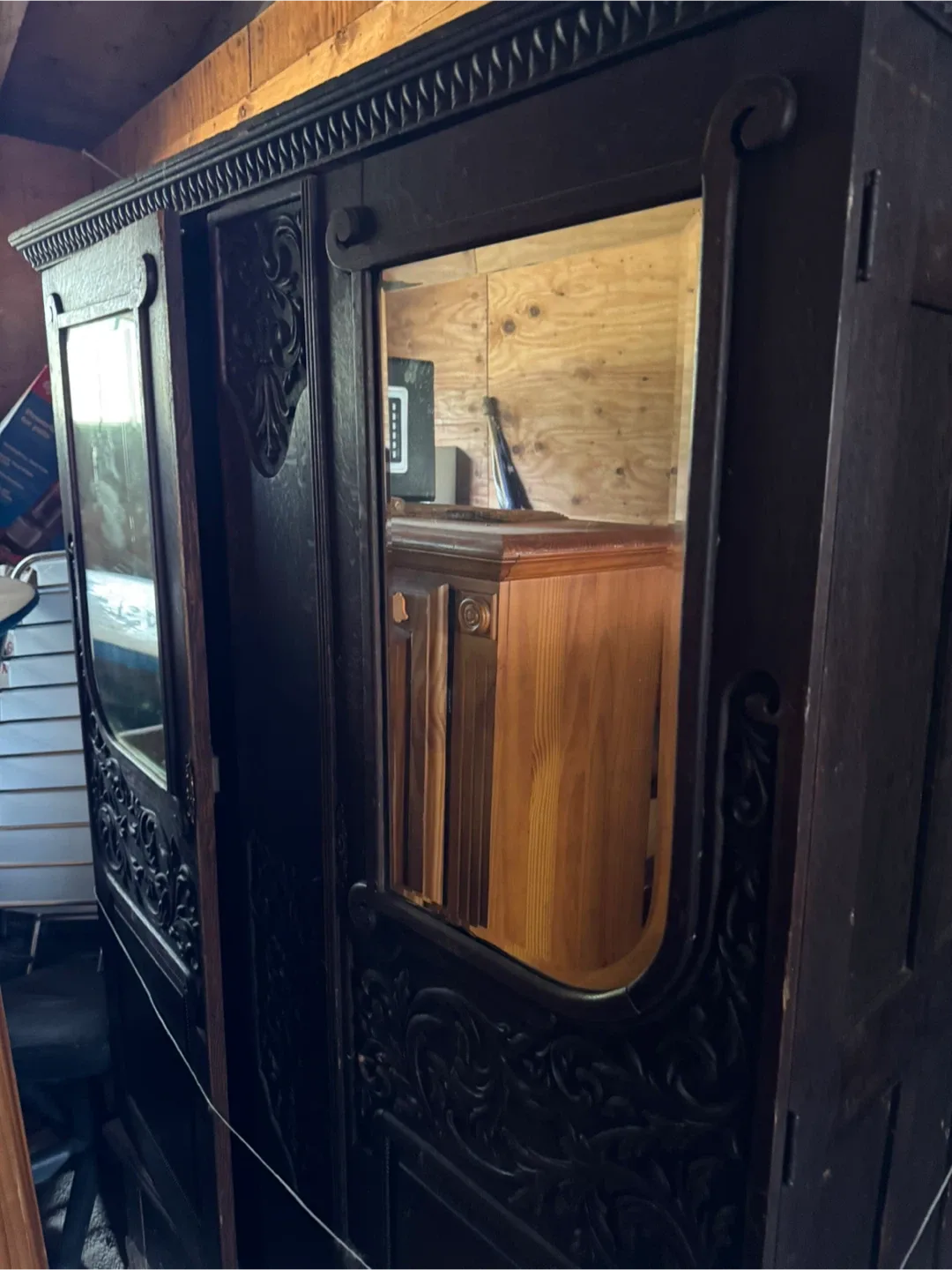Antique Wood Armoire with Mirror thumbnail