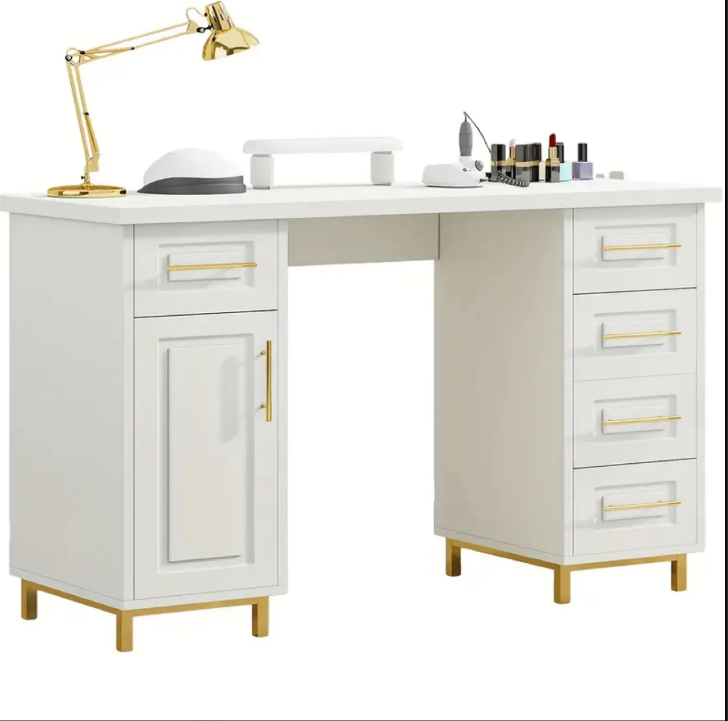 White Nail Manicure Table with Gold Accents thumbnail