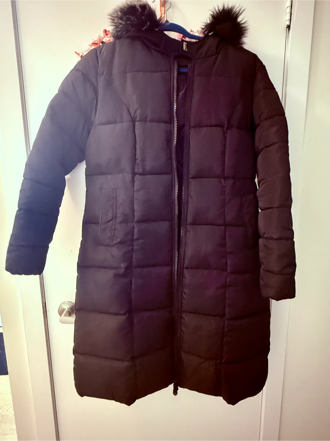 Black Puffer Coat with Faux Fur Hood