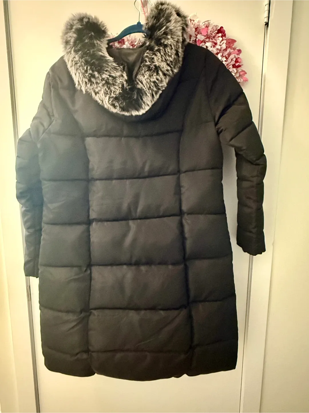 Black Puffer Coat with Faux Fur Hood