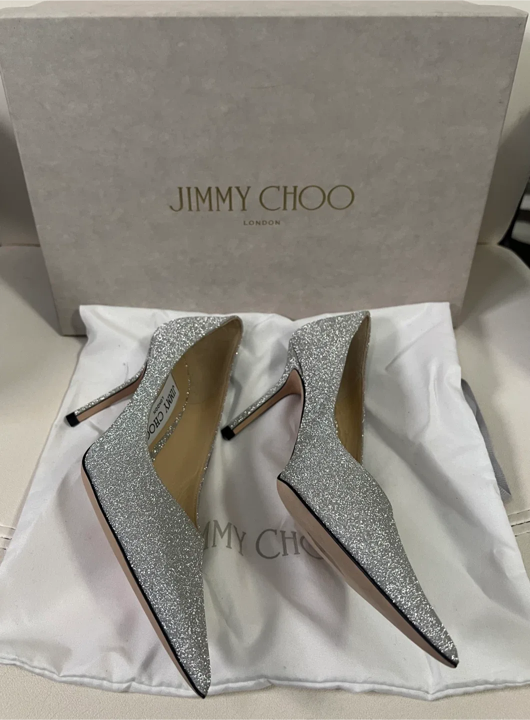 Jimmy Choo Silver Glitter Heels, Size 35 image indicator(3)