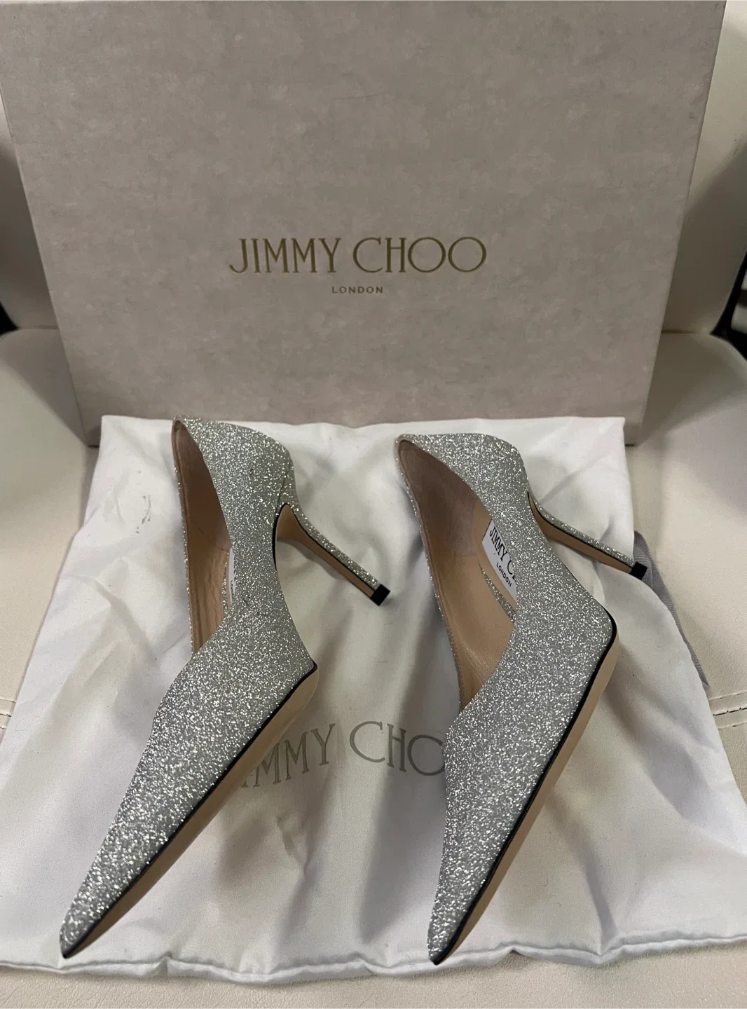 Jimmy Choo Silver Glitter Heels, Size 35 image indicator(2)