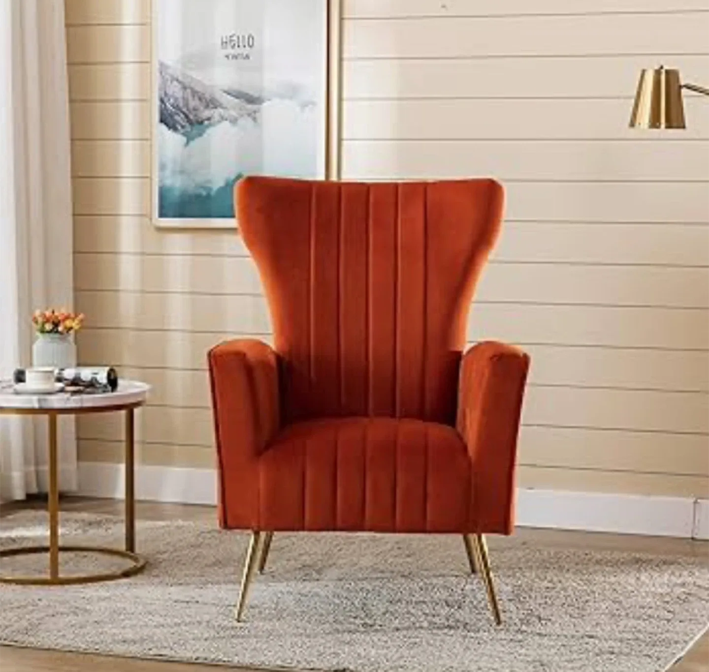 Orange Velvet Wingback Accent Chair - cat claw punctures image indicator(3)