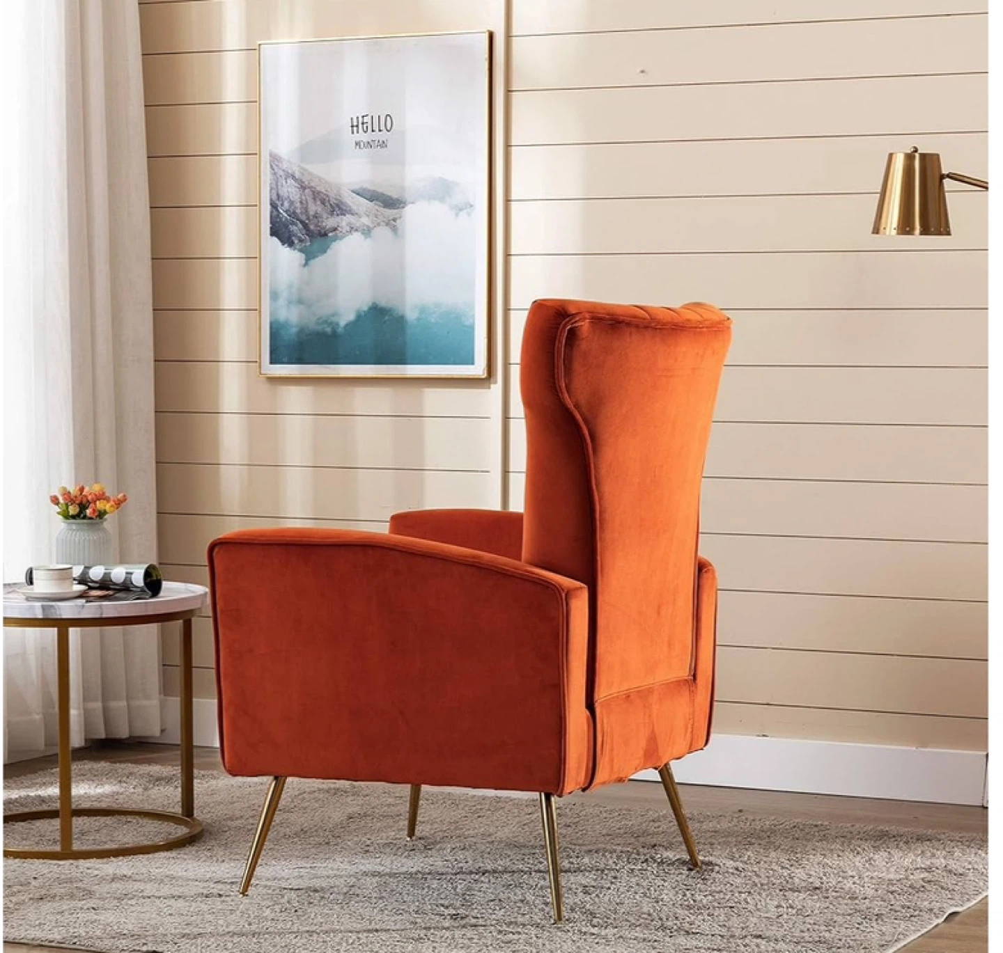 Orange Velvet Wingback Accent Chair - cat claw punctures - photo 2