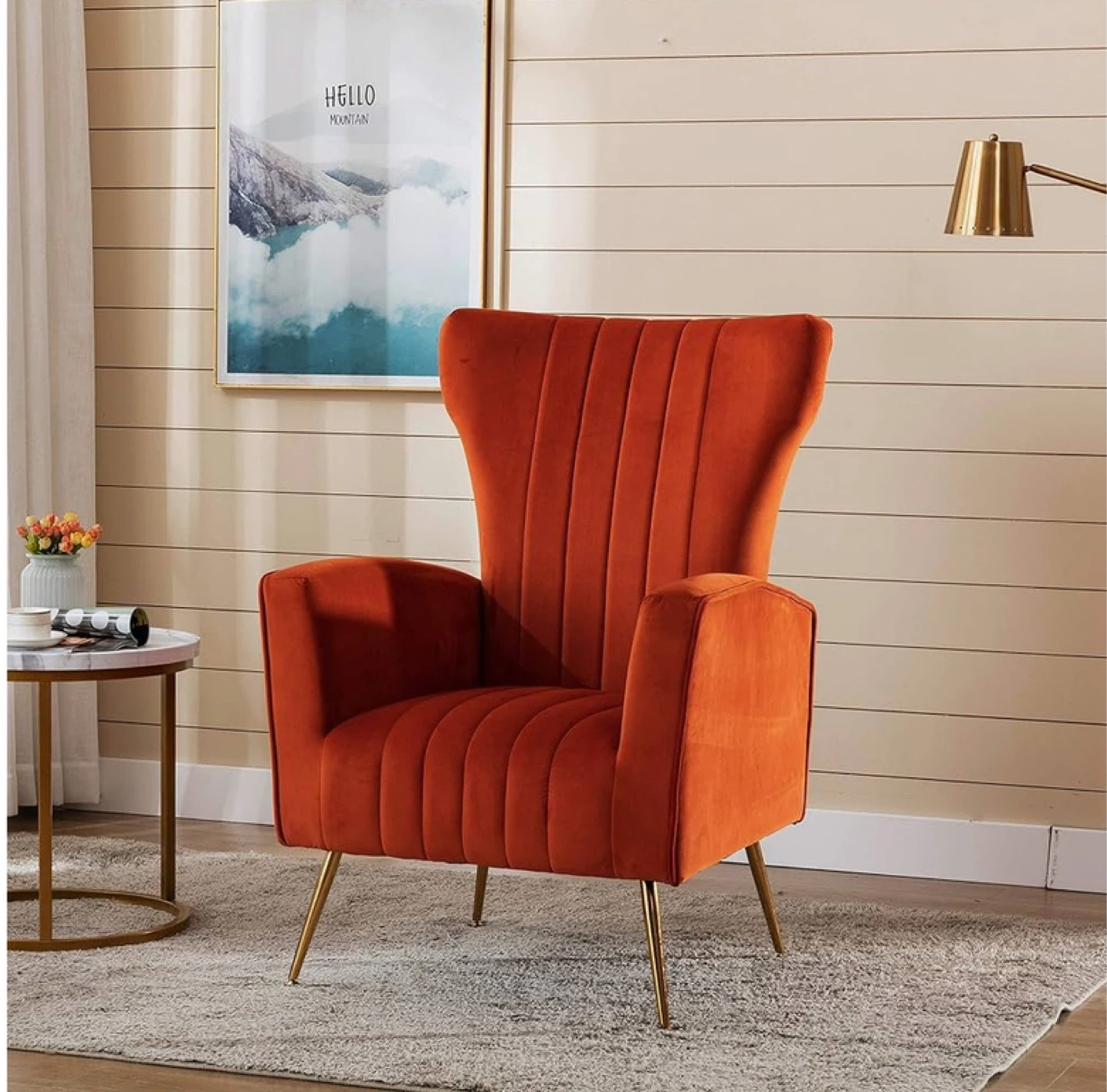 Orange Velvet Wingback Accent Chair - cat claw punctures